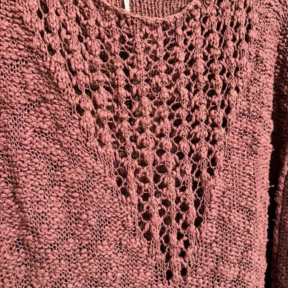 Free People Maroon Boho Chunky Open Knit Bell Sleeve‎ Sweater Oversized XS